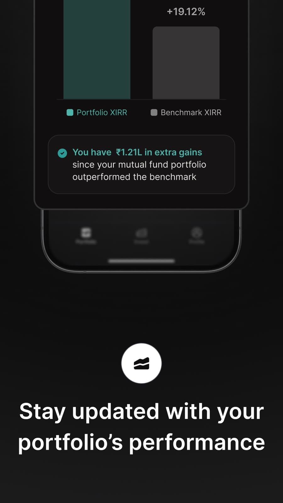 Dezerv app showing a client's portfolio performance alongside a benchmark.