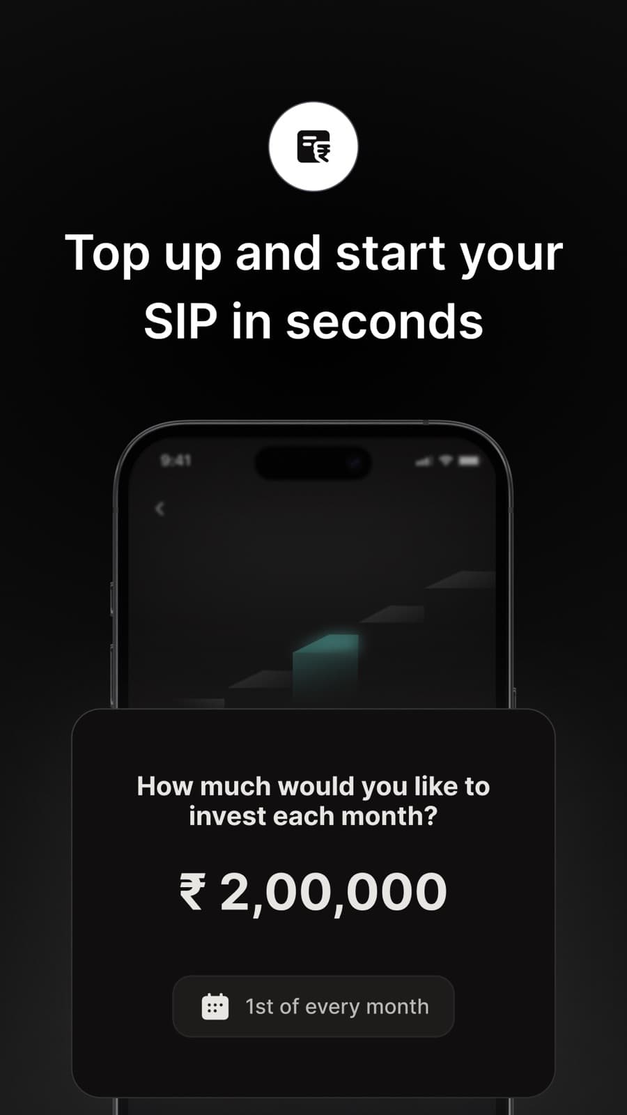 Dezerv app screen where a client sets a monthly investment amount and the date it is collected.