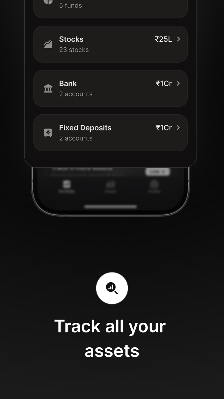 Dezerv app showing a client's mutual funds, stocks, bank accounts and fixed deposits in a single list.
