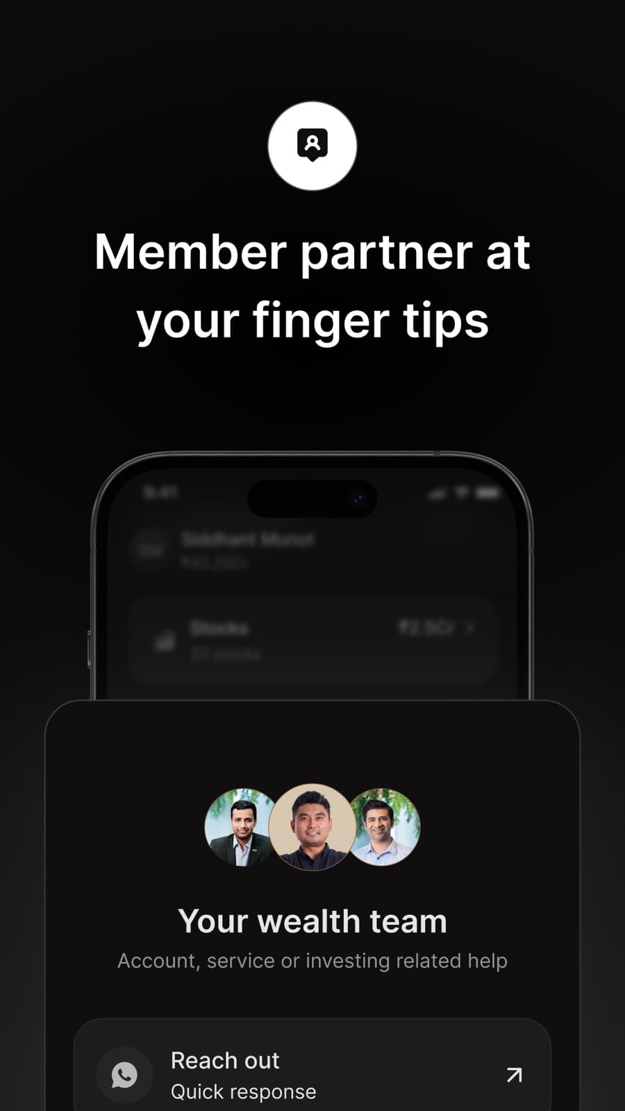 Dezerv app showing the client's assigned wealth team and a contact option.